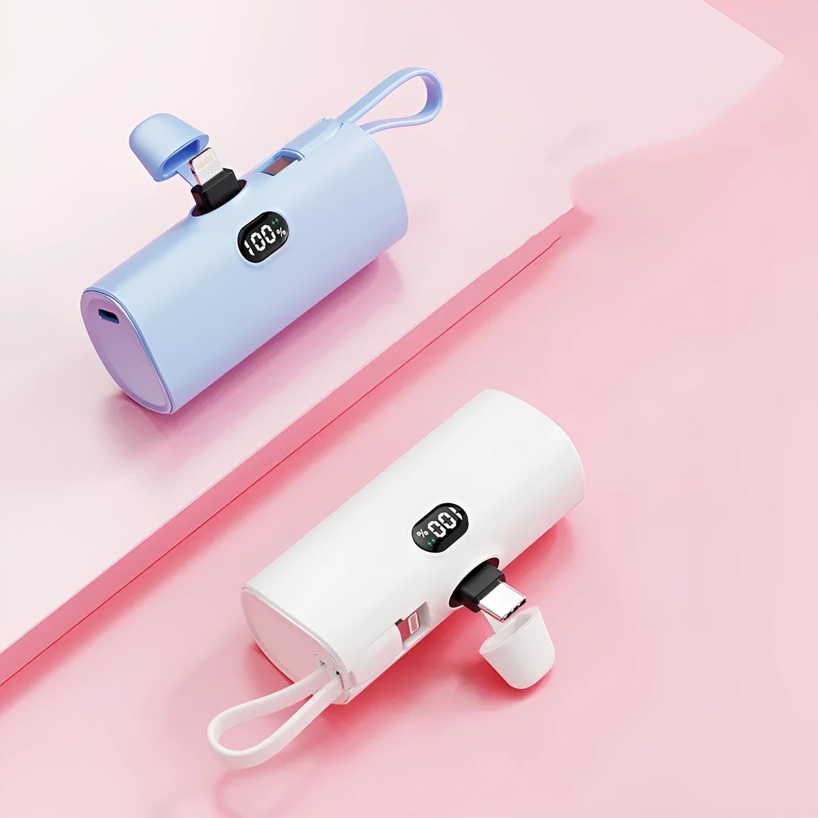 Wireless power bank with digital display showing battery percentage, pocket-sized portable charger
