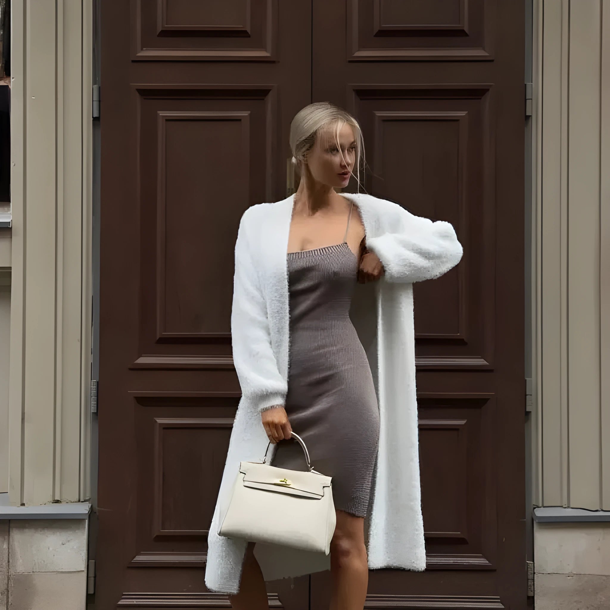 White women's knitted cardigan jacket with extended length and loose fit