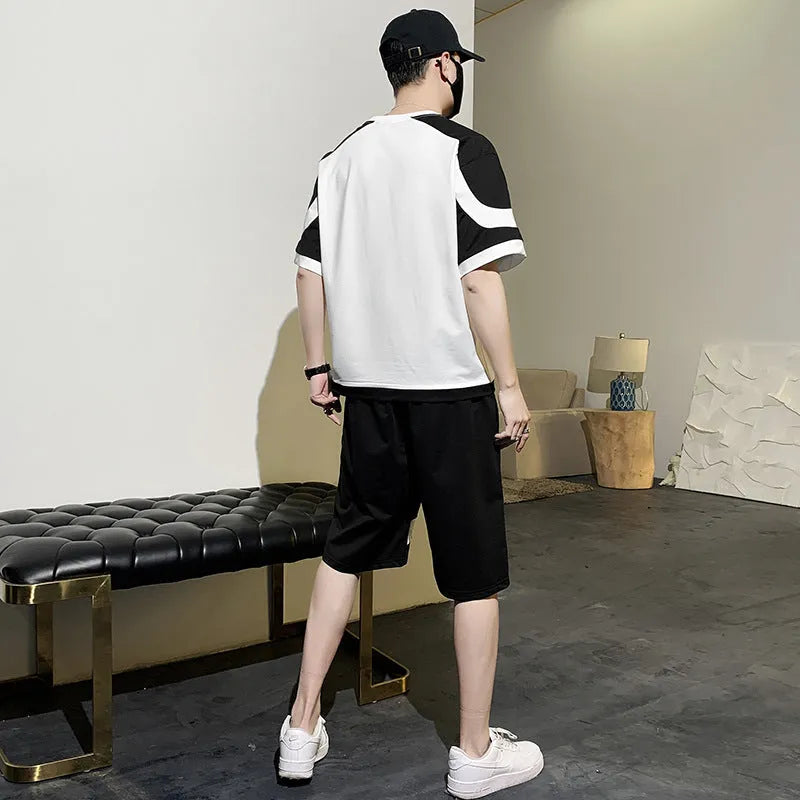 Men's summer casual suit with short-sleeved cotton blend T-shirt and matching nylon shorts in black and white sizes M to 4XL