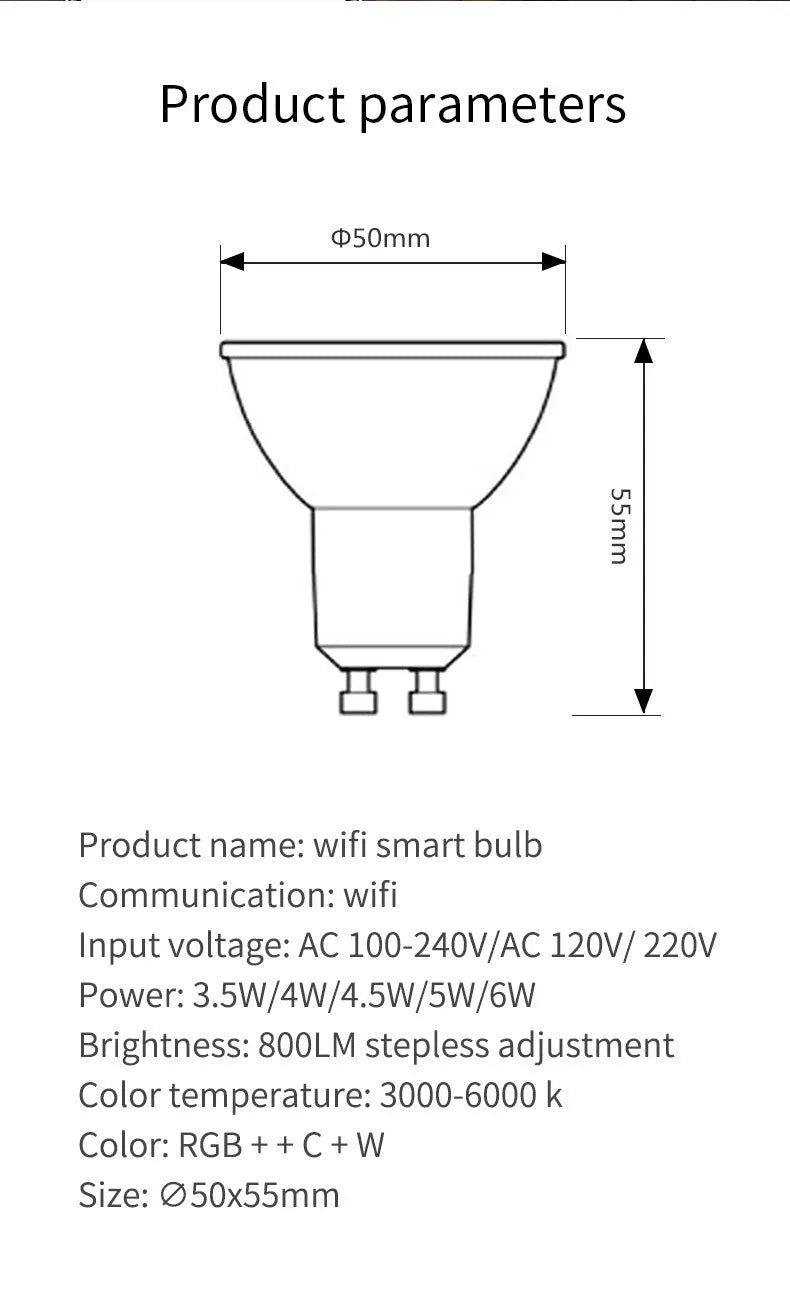 GU10 smart LED spotlight bulb with RGBCCT colour control and WiFi connectivity
