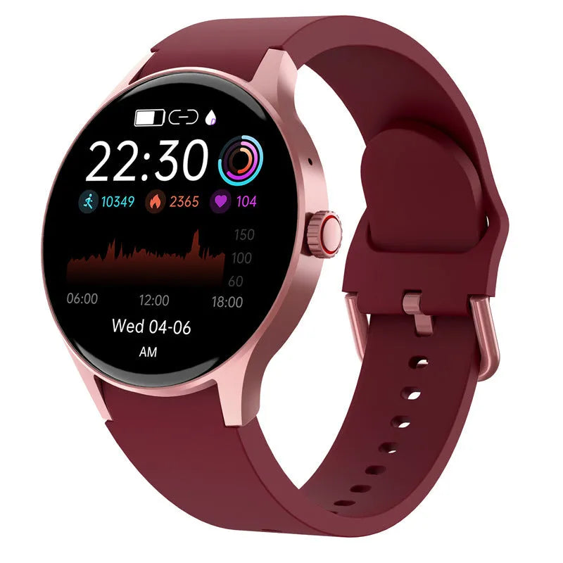 Bluetooth smart sport watch with round colour touch screen and IP68 waterproof rating in black, blue, pink, or red