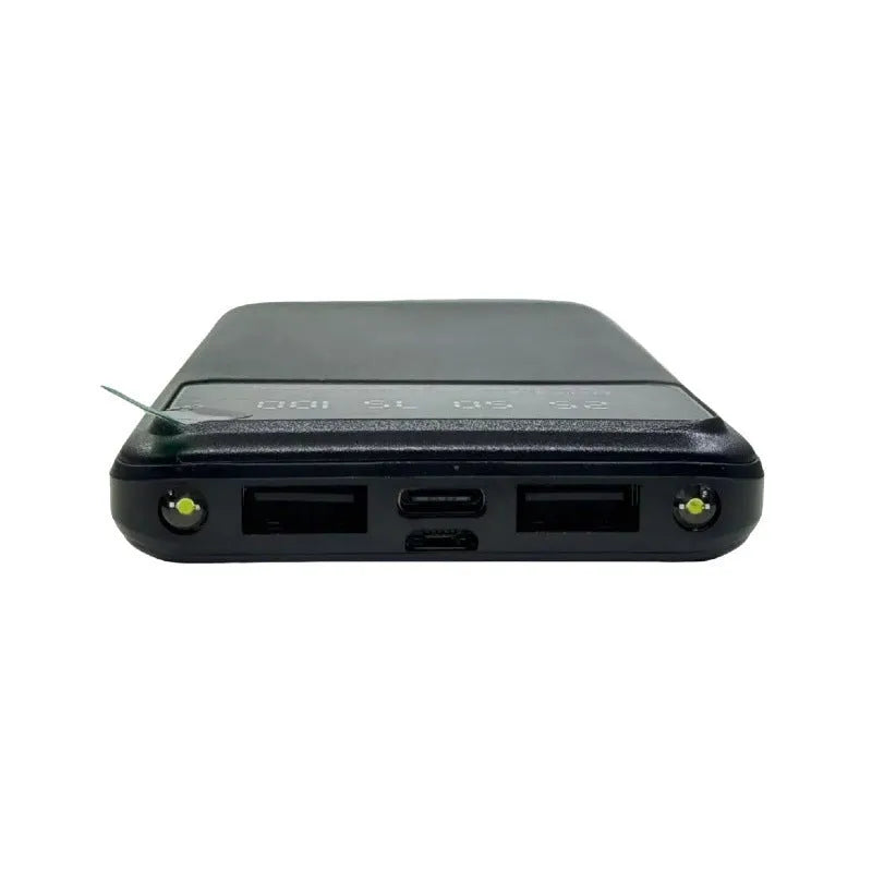 Black ultra-thin power bank showing compact design with dimensions 67x14x140 mm