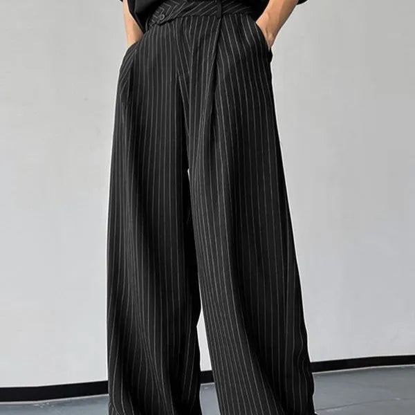 Men's black vertical striped pleated casual trousers with high elasticity waistband
