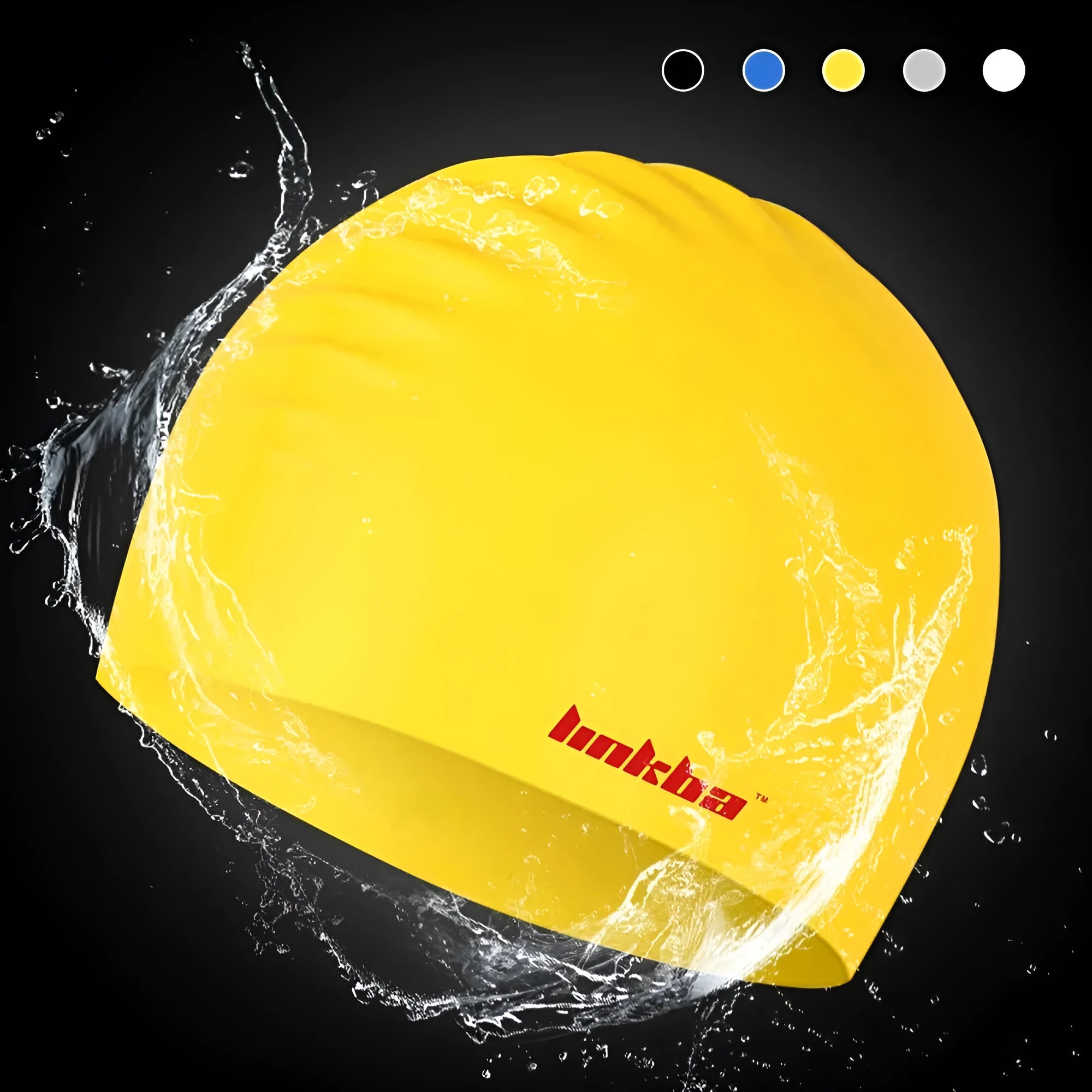 Silicone swimming cap with earmuff design and letters pattern in assorted colours