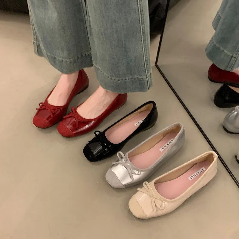Women's retro ballet flat shoes with square toe and bow detail in wine red colour