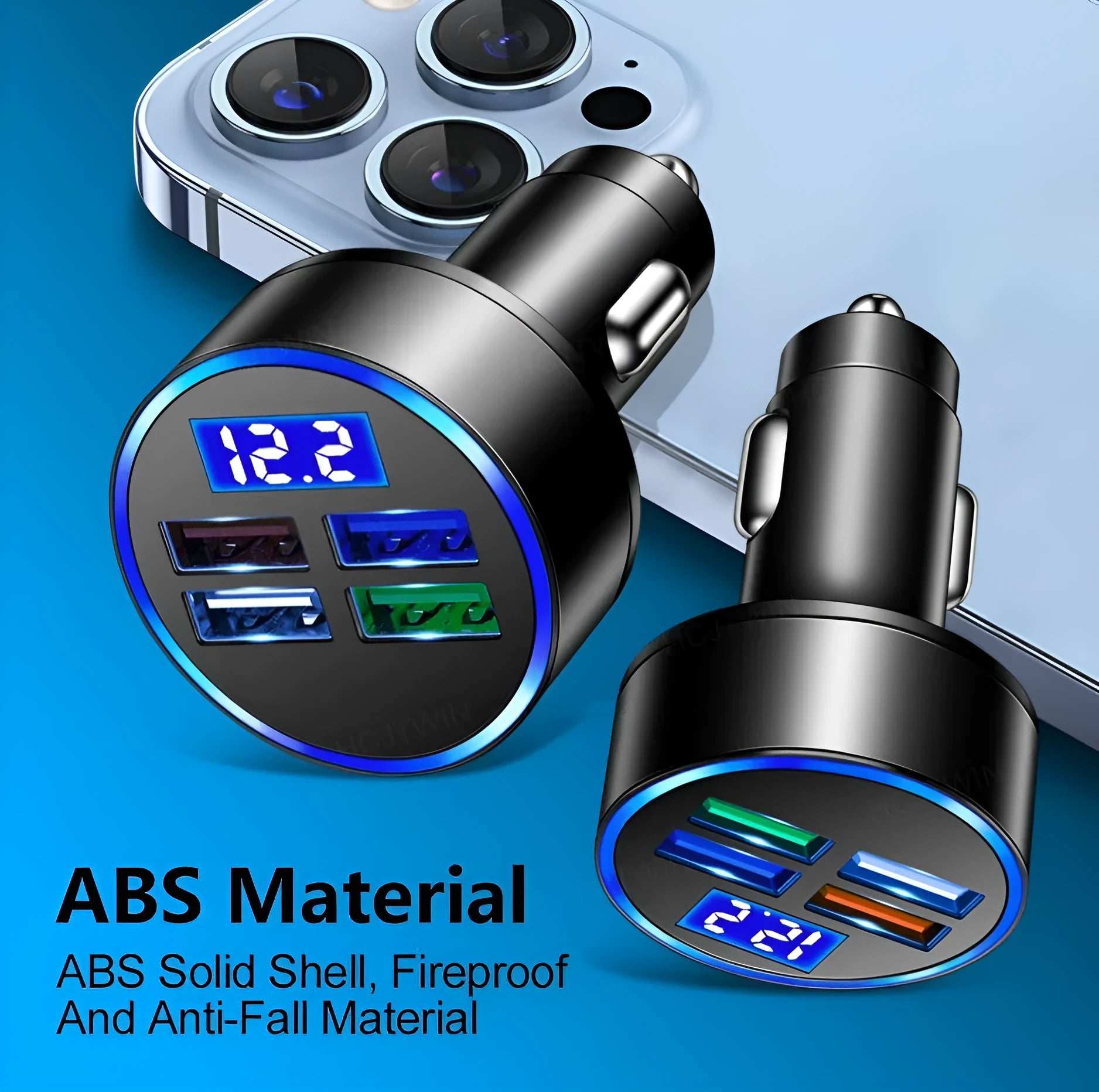 Black multi-port car charger with four USB ports and cigarette lighter plug for vehicle charging
