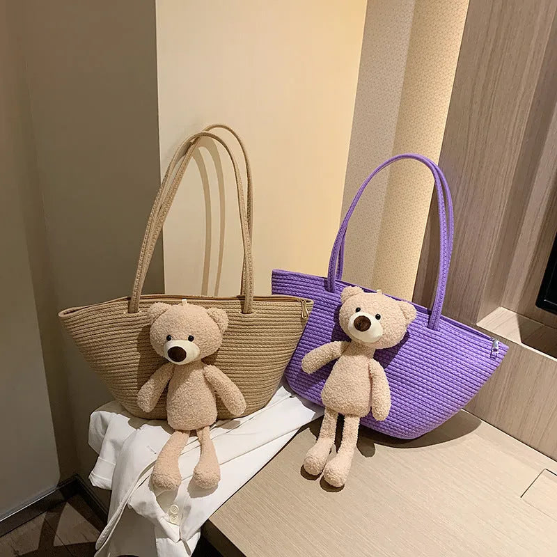 Woven cotton linen dumpling-shaped bag with three-dimensional pocket and double shoulder straps