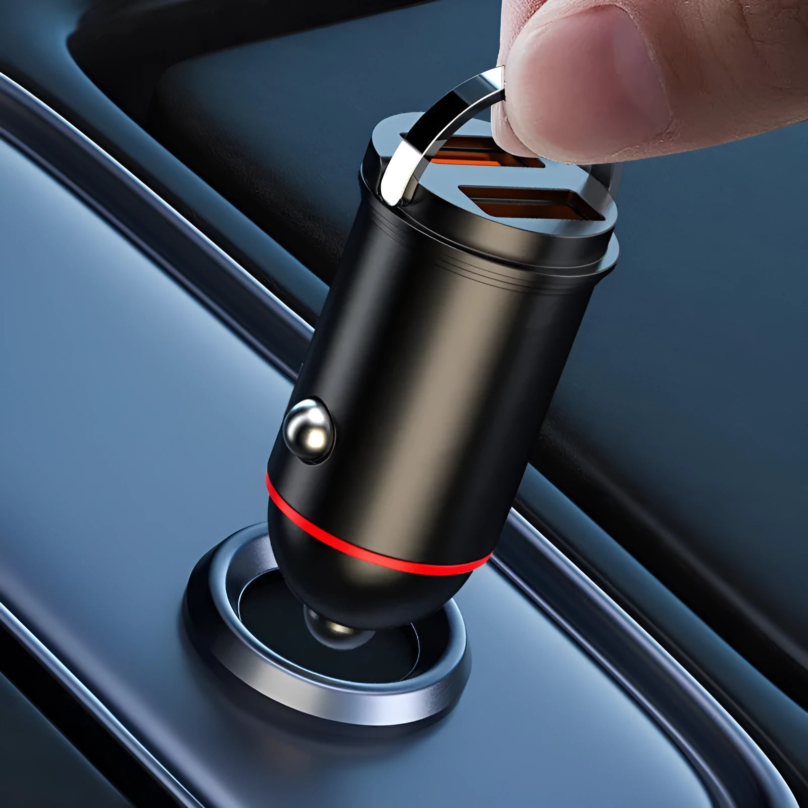 Black zinc alloy car charger with USB port measuring 38mm x 21mm x 21mm