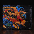 Men's handcrafted cow leather short wallet in red, blue, and gold colours showing compact size.