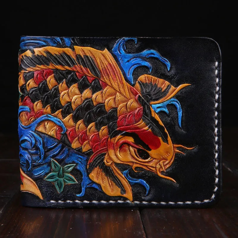 Men's handcrafted cow leather short wallet in red, blue, and gold colours showing compact size.