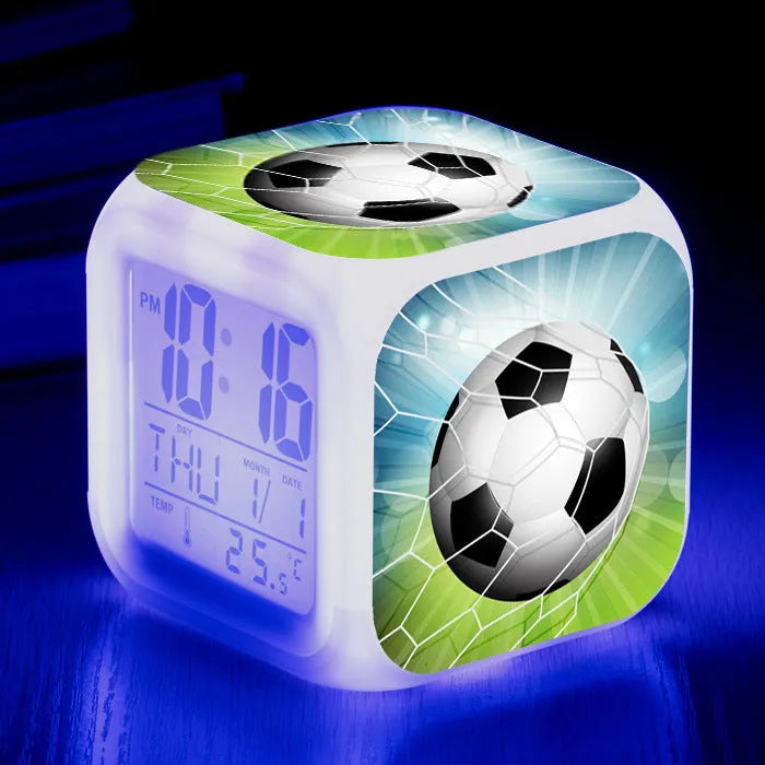Square children's alarm clock with football pattern design and mute alarm function