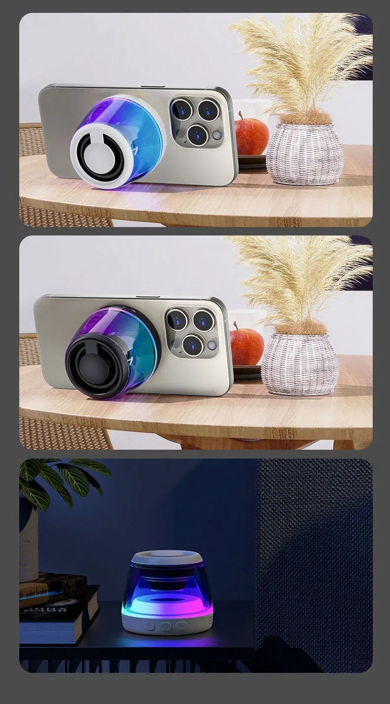 Portable Bluetooth speaker with ambient lighting and magnetic base in black or white colour