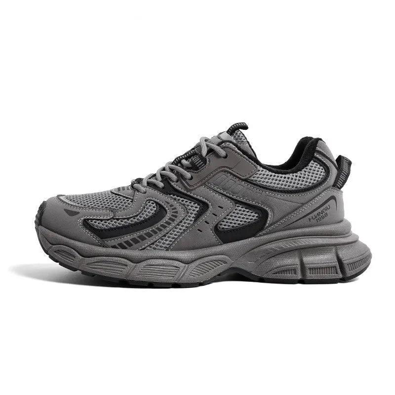 Grey platform dad shoes with PU mesh upper, leather stitching, and a chunky EVA sole.