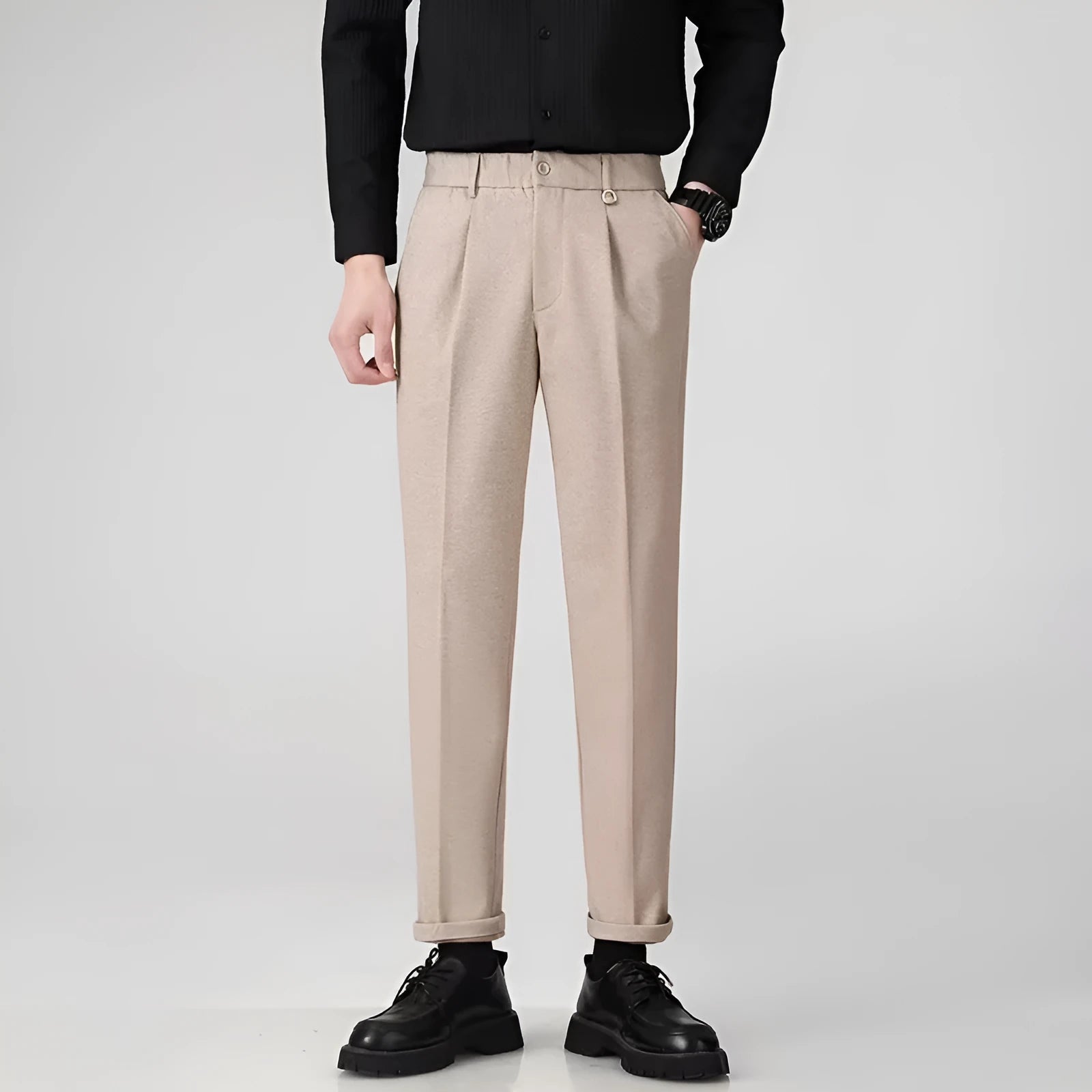 Men's straight-leg polyester trousers in black, dark grey, khaki, and brown colours for business casual winter wear