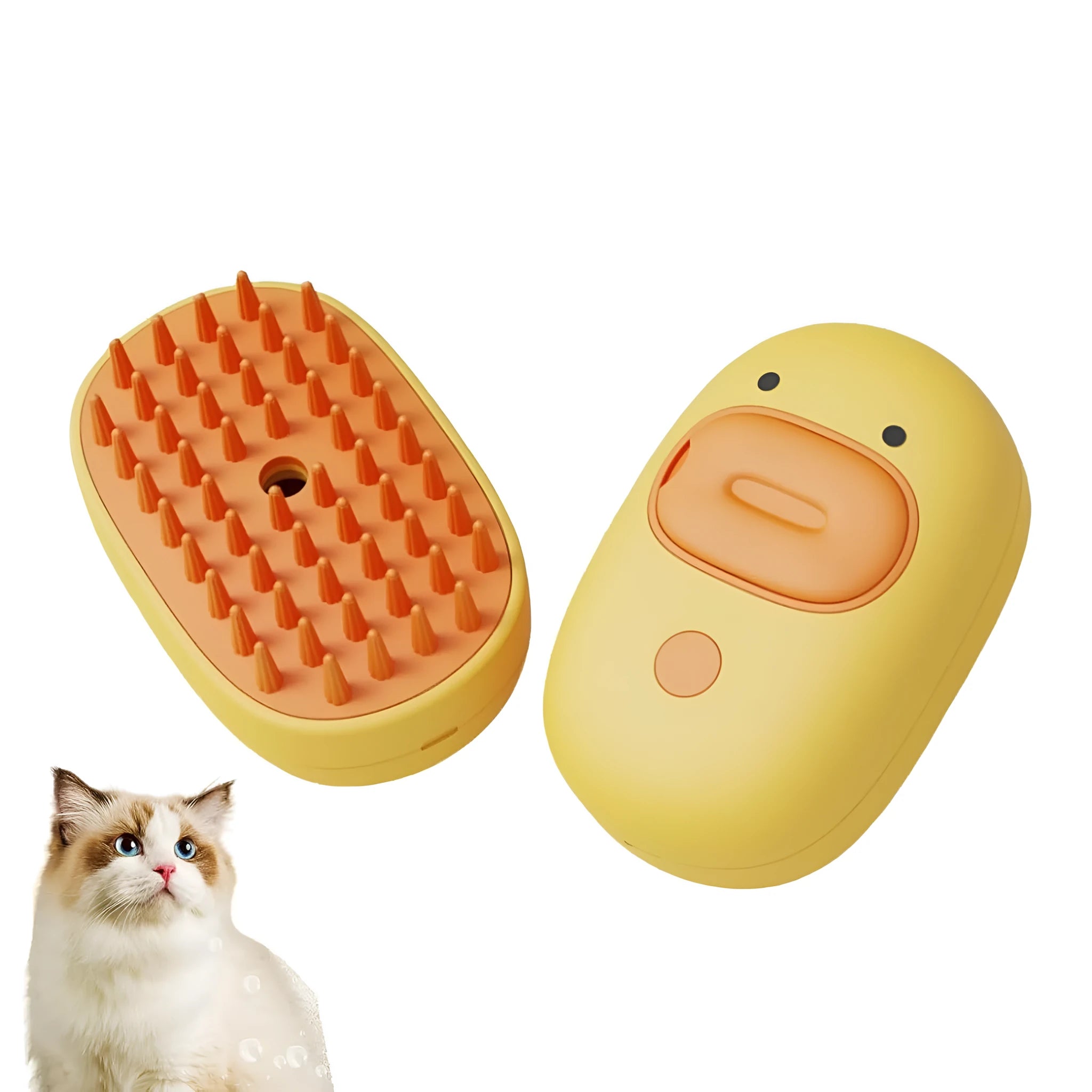 White and yellow rechargeable steam pet brush for dogs and cats with water tank