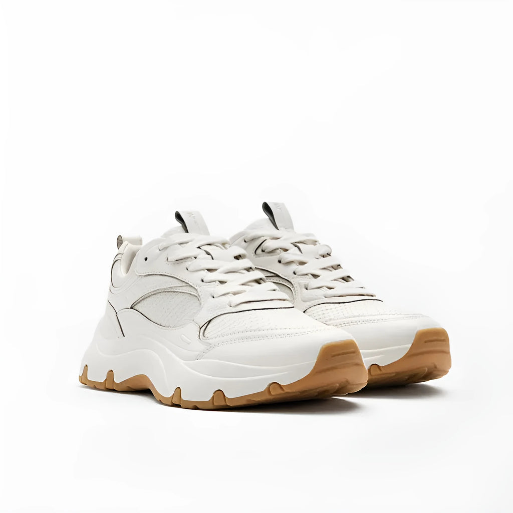 Women's beige first layer cowhide round toe sneakers with thick sole and cross strap detail