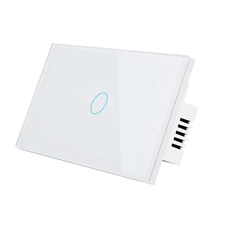 2-gang RF touch light switch with tempered glass panel in white colour showing touch controls
