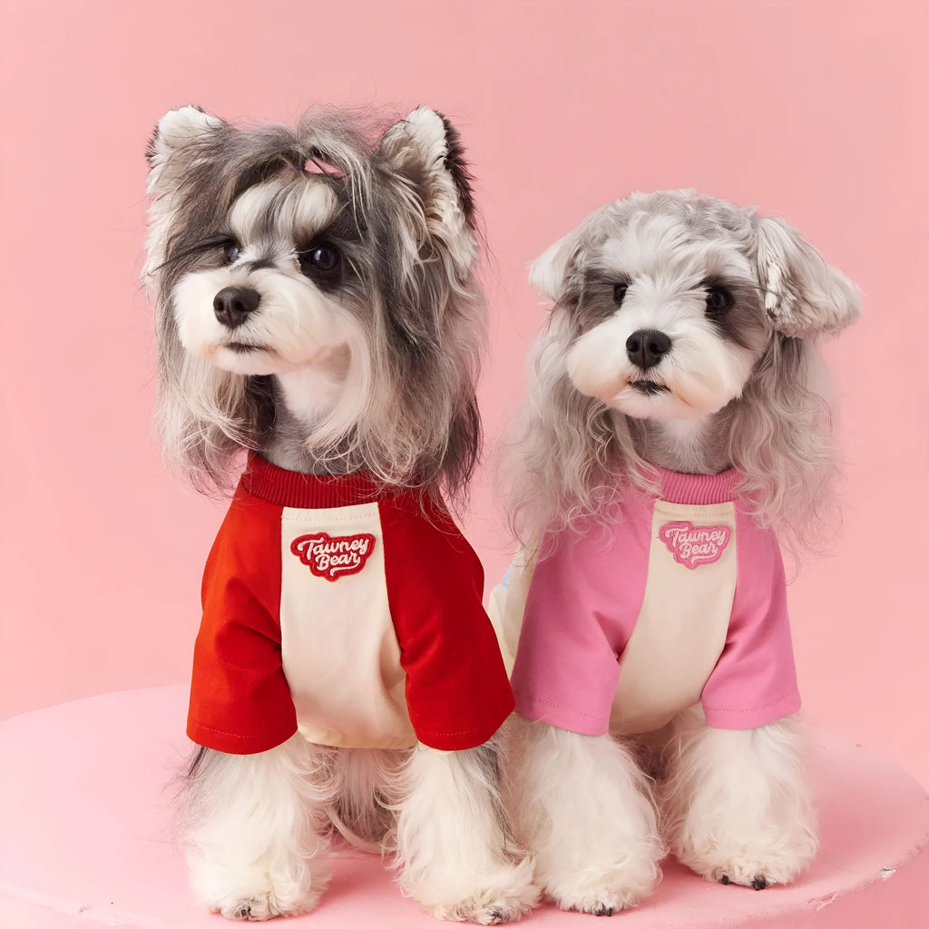 Cotton dog t-shirt with embroidered red and pink contrast colours for summer wear