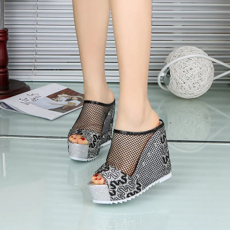 Korean chunky heel platform flip-flops with hollowed-out design and mesh upper in black, silver, and gold colours.