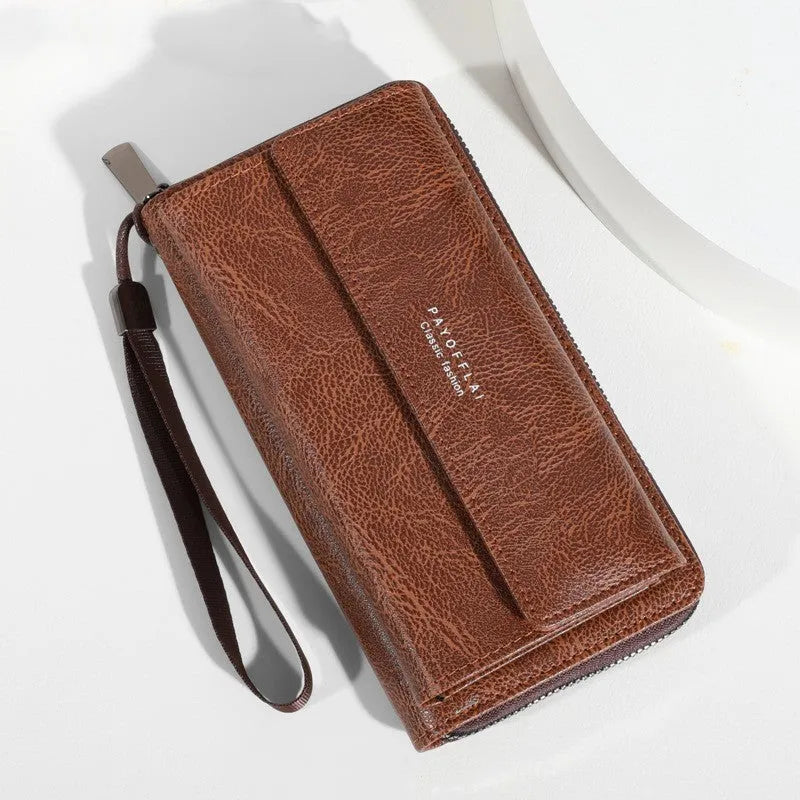 Men's black PU leather long wallet with multiple card slots, shown open.