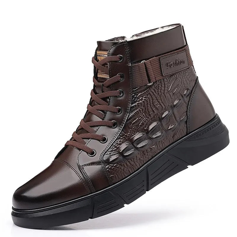 Women's genuine leather winter boots with fur lining and non-slip rubber soles in black with velvet trim