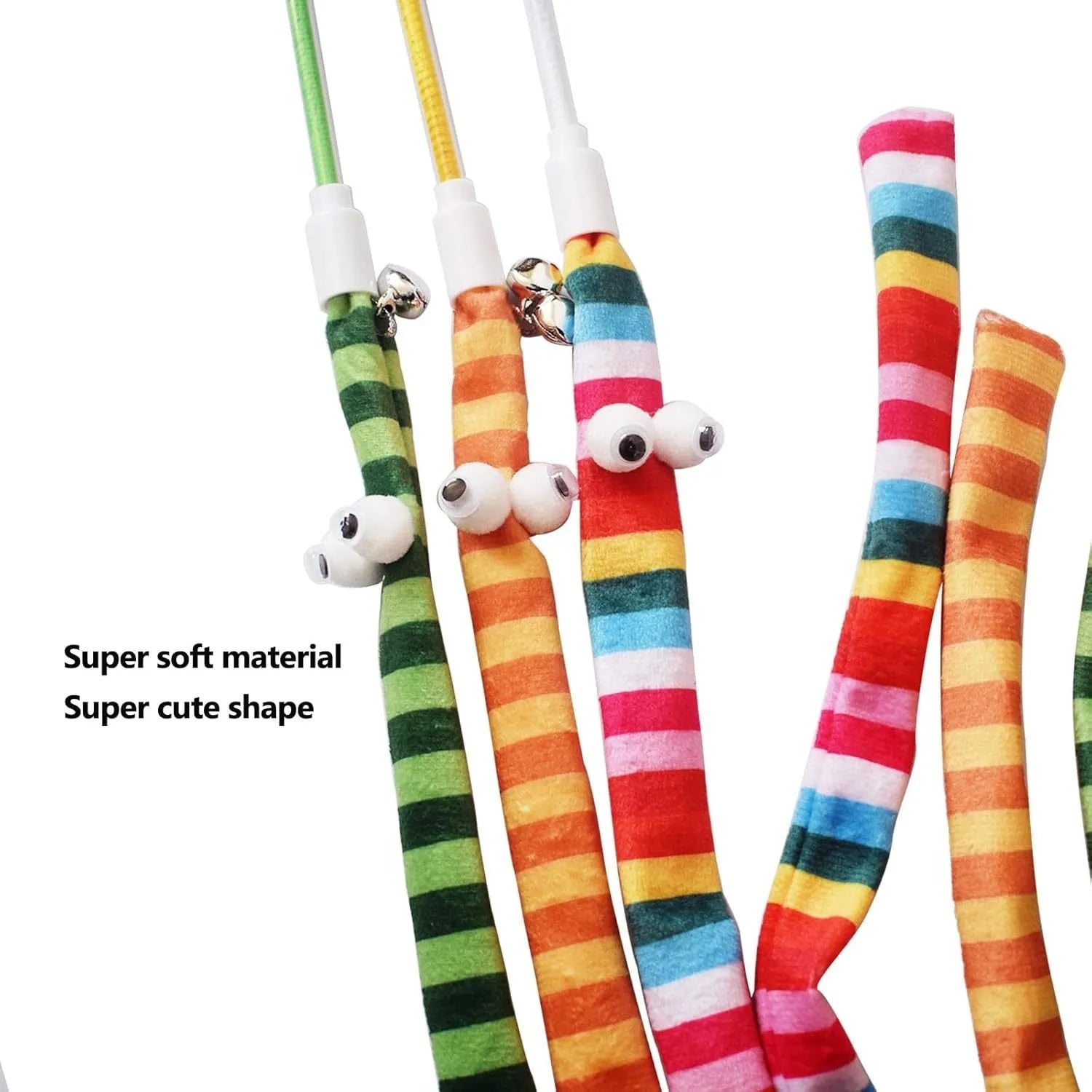 Cat wand toy with polycarbonate handle and long plush strip in vibrant colours