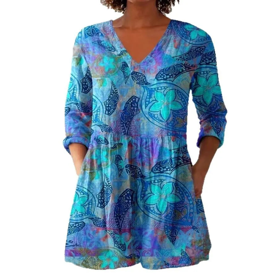 Women's retro style slim fit long-sleeved top with a printed design, shown in one of 12 available colours.