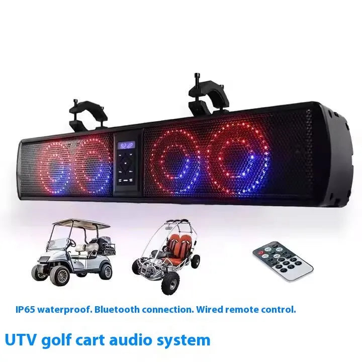 26-inch black plastic Bluetooth audio belt soundbar for mounting on a golf cart or ATV.