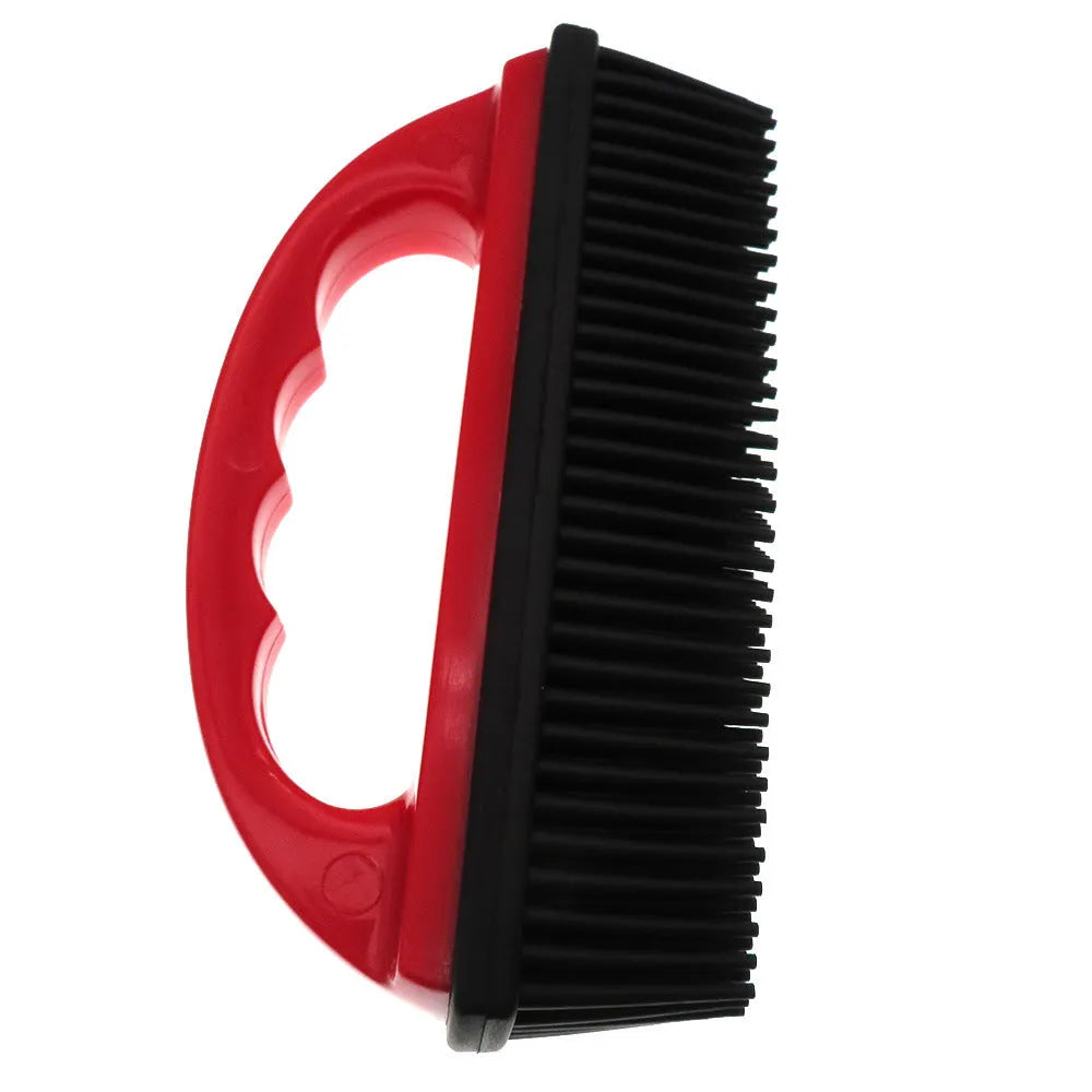Red silicone pet hair removal brush with ergonomic handle for bath grooming and carpet cleaning