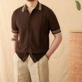 Men's cotton blended lapel collar polo shirt in apricot colour showing short sleeves and knitted construction