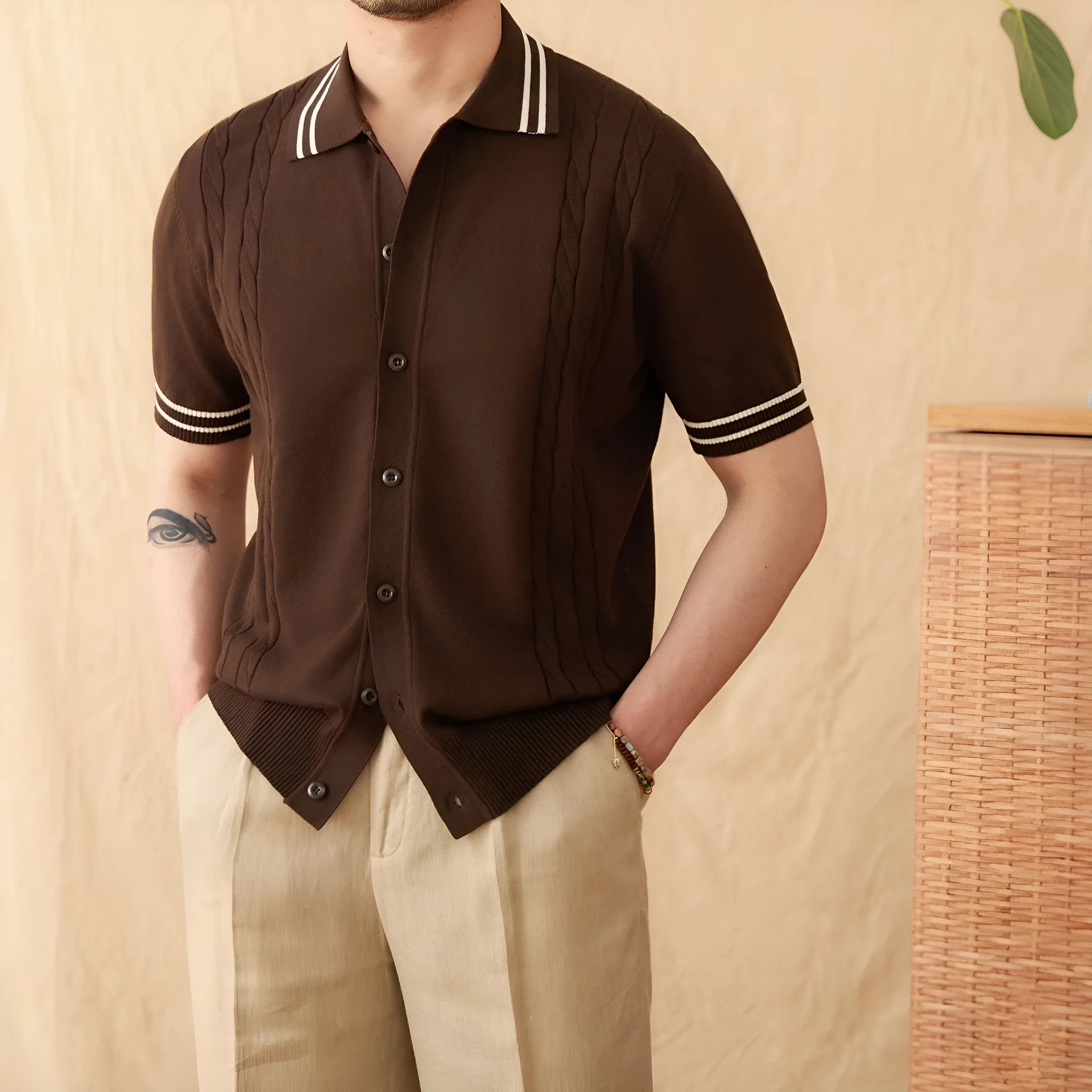 Men's cotton blended lapel collar polo shirt in apricot colour showing short sleeves and knitted construction