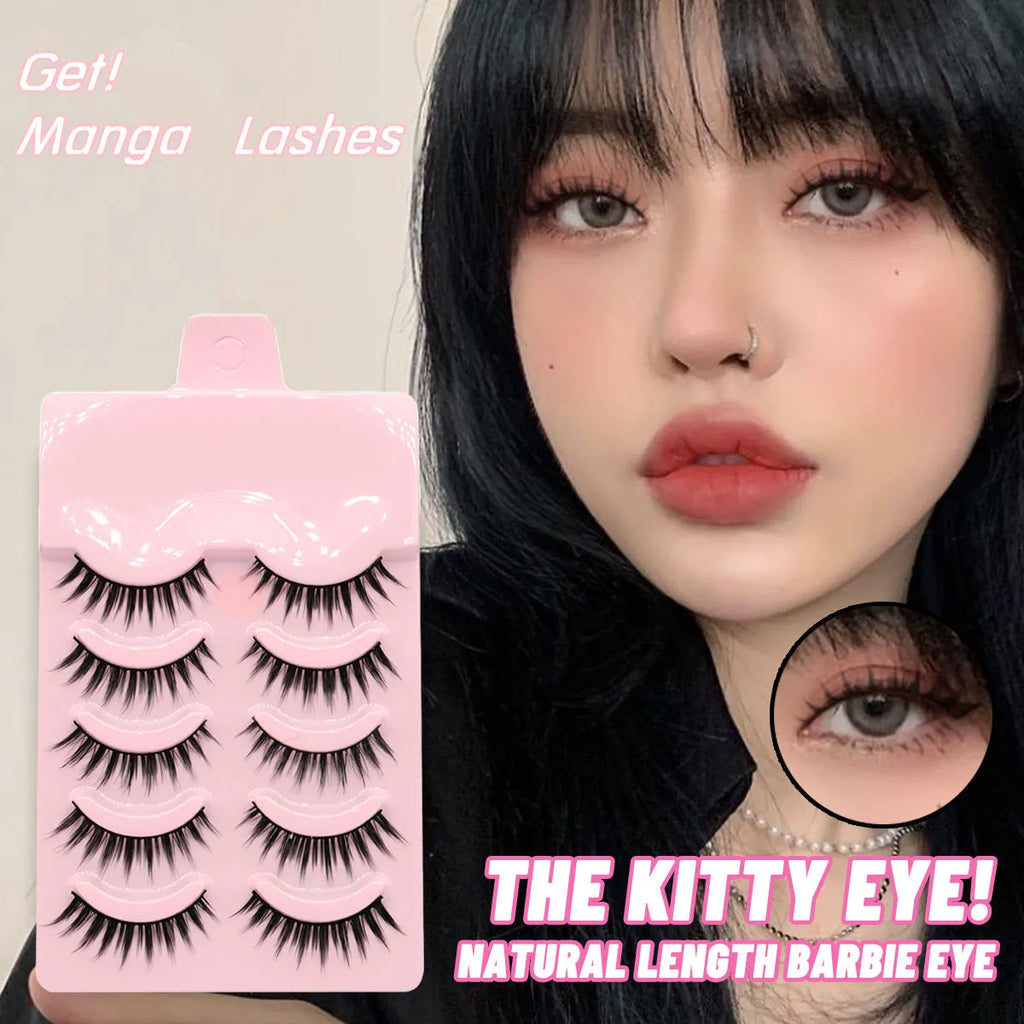 Set of three styles of black manga false eyelashes on plastic packaging