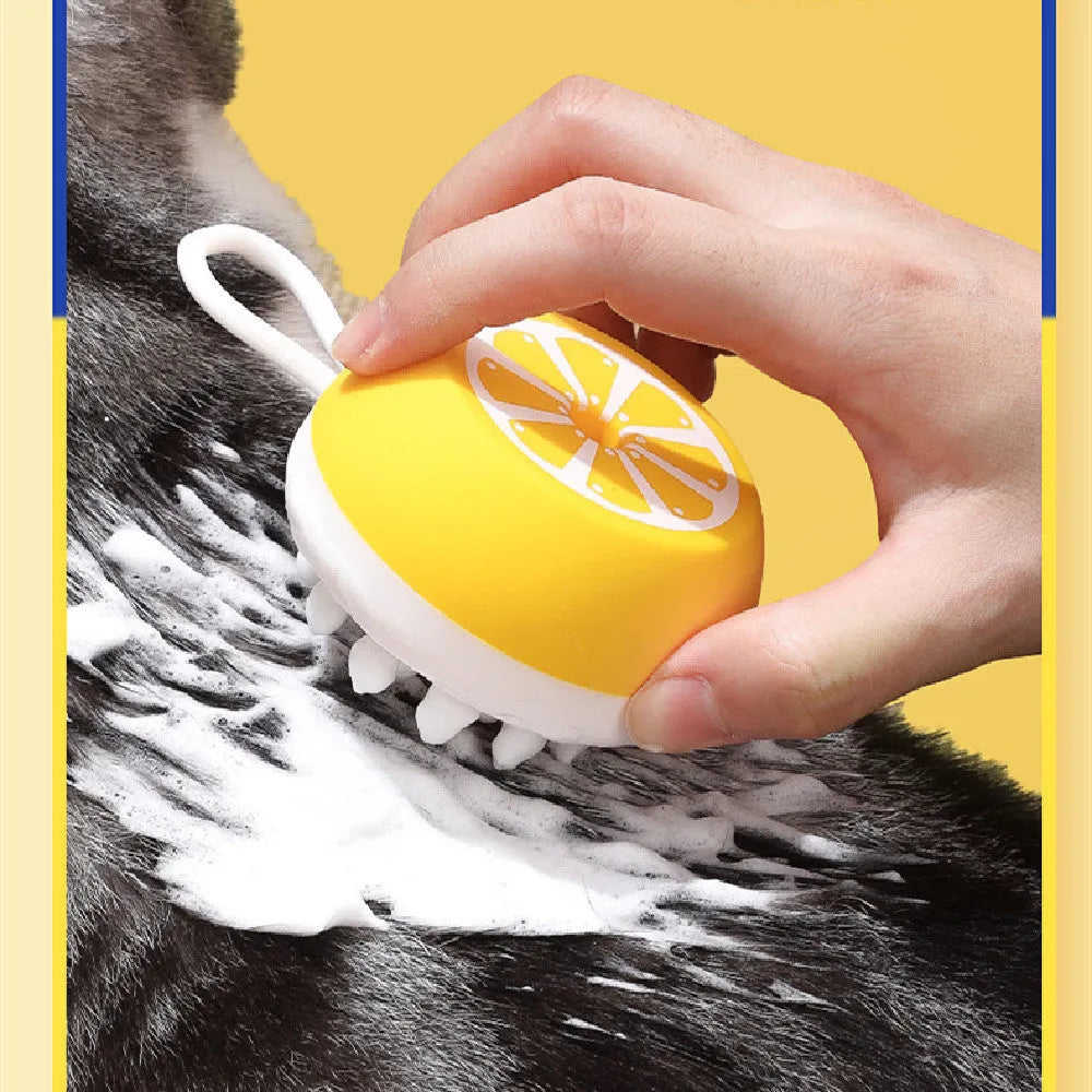 Yellow silicone pet bath brush with 3D massage head and combed hair bristles for dog and cat grooming