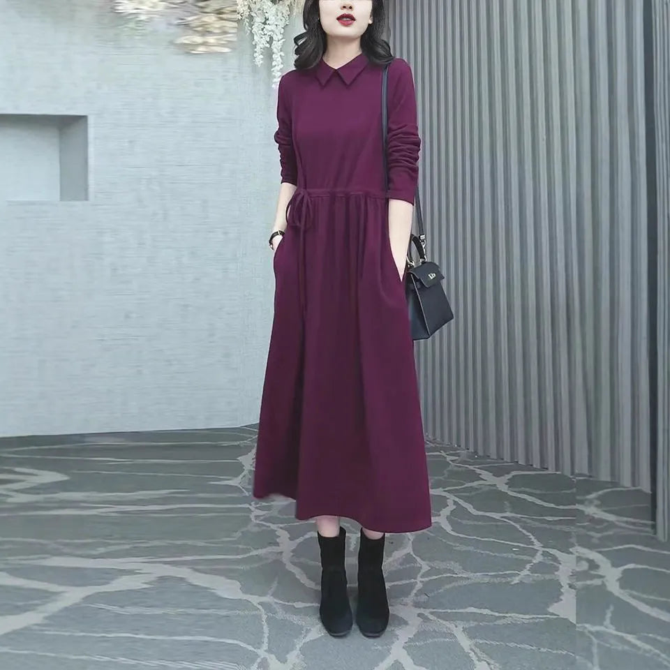 Purplish red women's plus size dress with extra long sleeves and long skirt for autumn winter wear