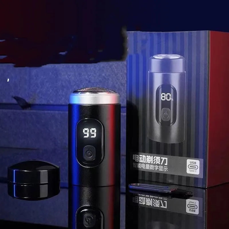 Black portable USB rechargeable electric shaver with cleaning brush and protective cover