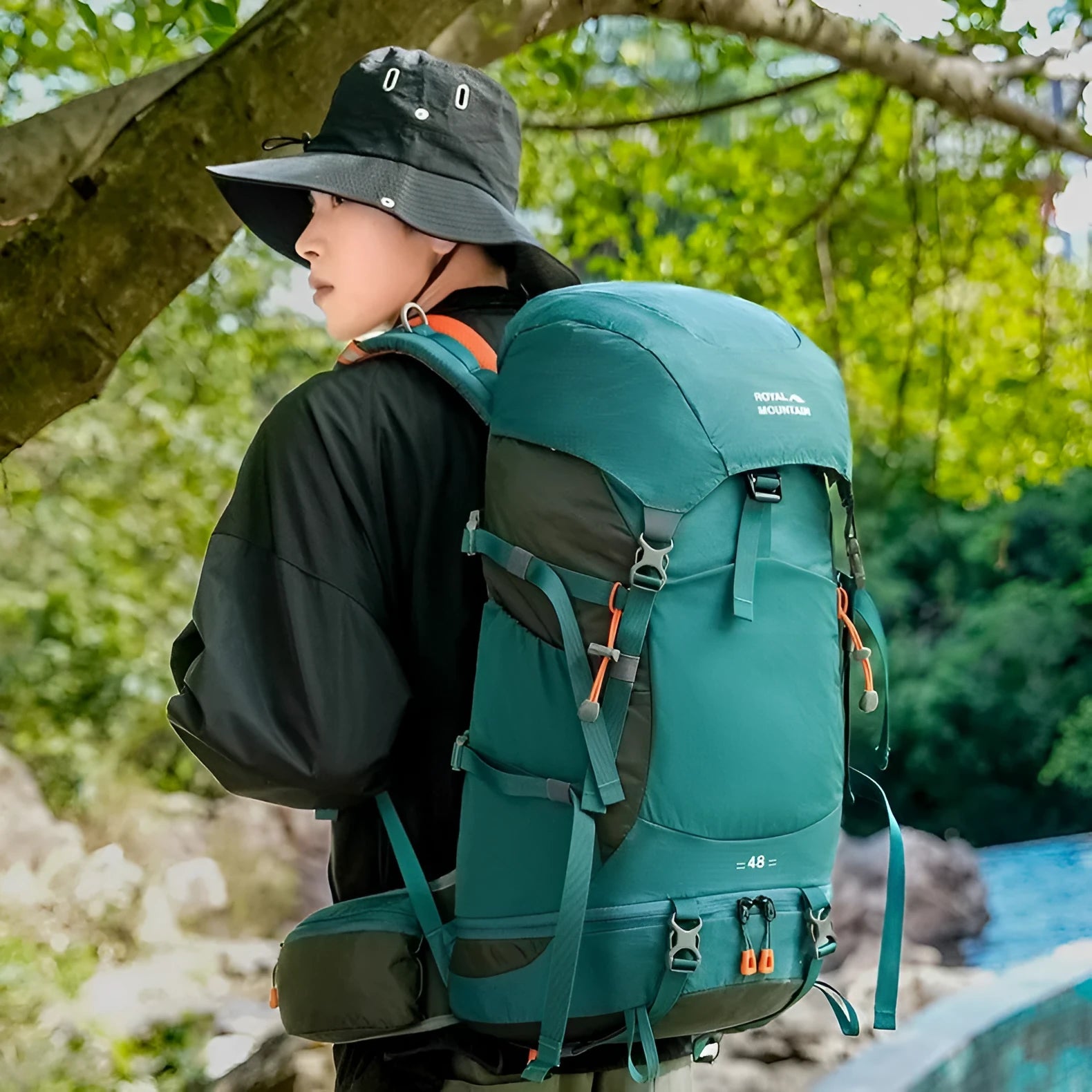 35L outdoor hiking backpack in black nylon with breathable back panel and SOS whistle