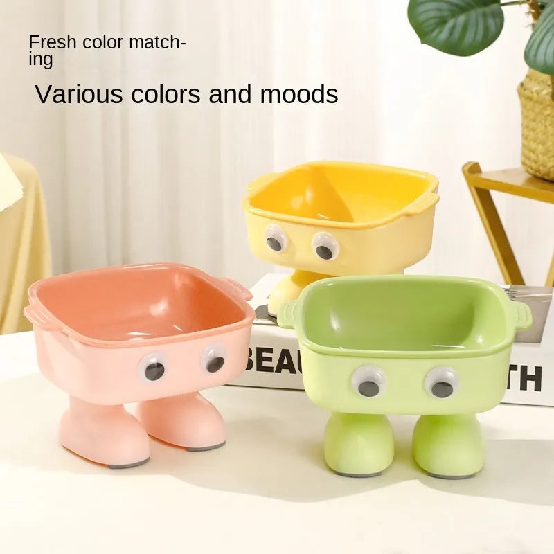 Green robot elevated cat bowl with tilted design and anti-slip base for pet feeding