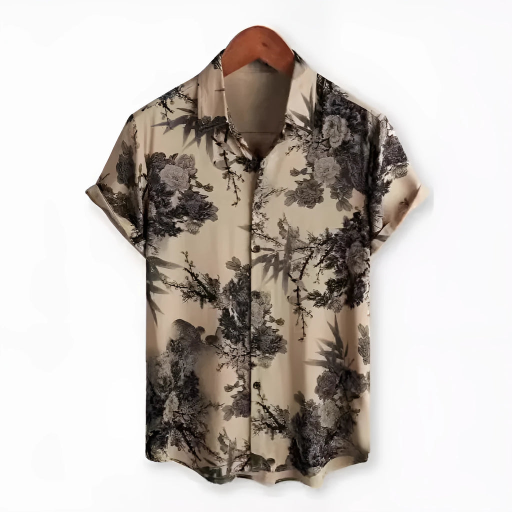 Hawaiian print lapel short sleeve shirt cardigan with digital printed floral pattern in street fashion style