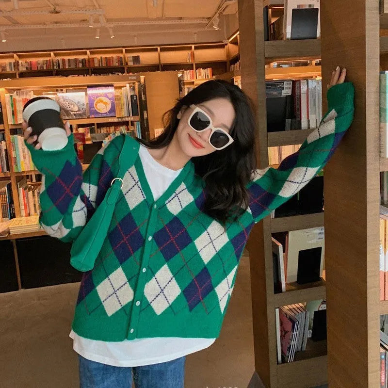 Casual knitted cardigan coat in a selection of colours including pink, green, and khaki, shown on a model.