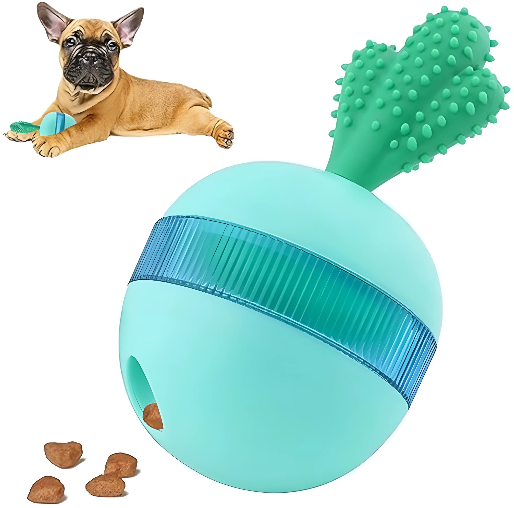 Blue durable rubber interactive dog puzzle toy ball with treat dispensing holes