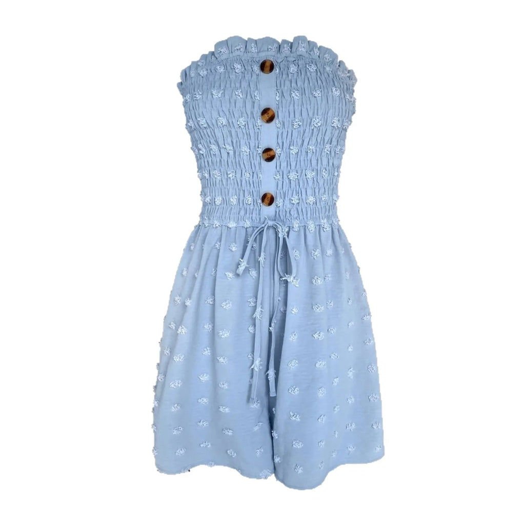 Women's blue off-shoulder jumpsuit with sleeveless design and button details