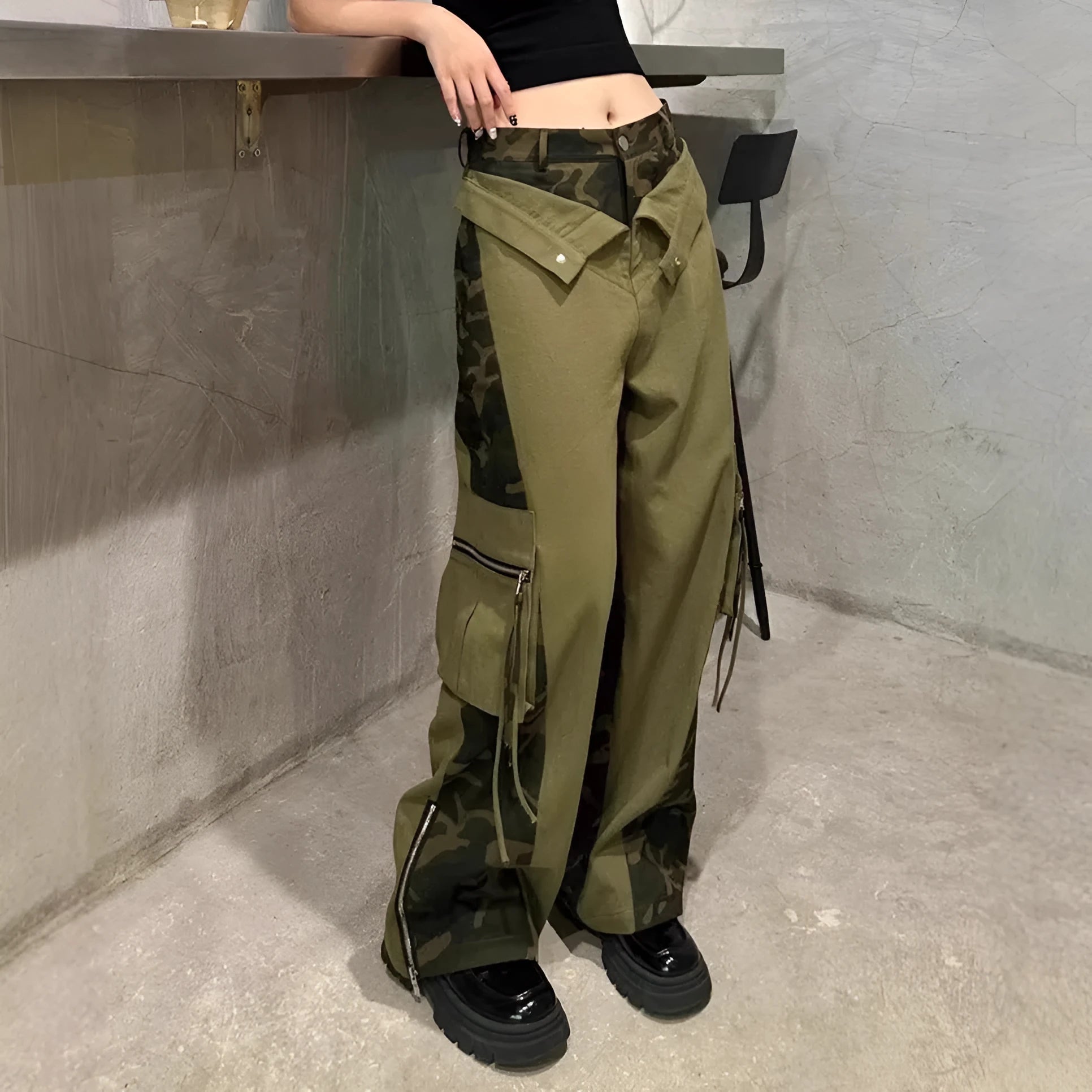 Women's dark khaki leopard print high waist straight leg jeans with retro stitching details