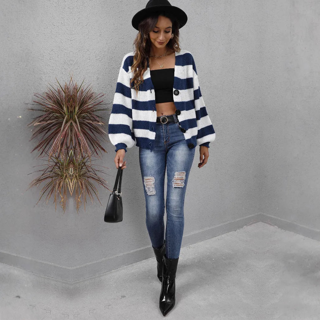 Women's striped cardigan with button front in deer plush fabric, shown in available colours