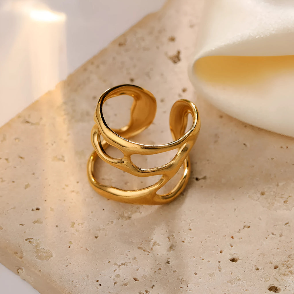 Stainless steel open adjustable geometric ring J1064 with electroplated golden finish and hollow linear design