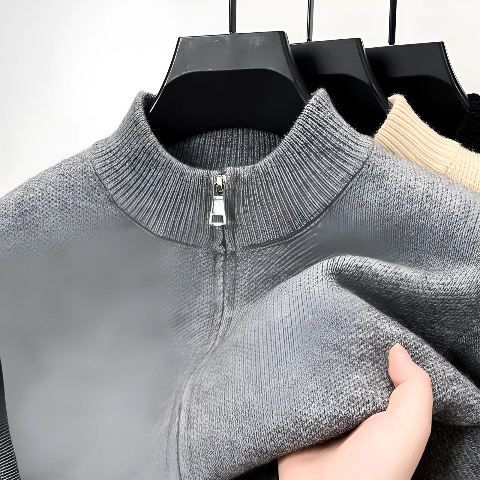 Men's stand collar knitted cardigan with full-length zipper in black, grey and beige colours