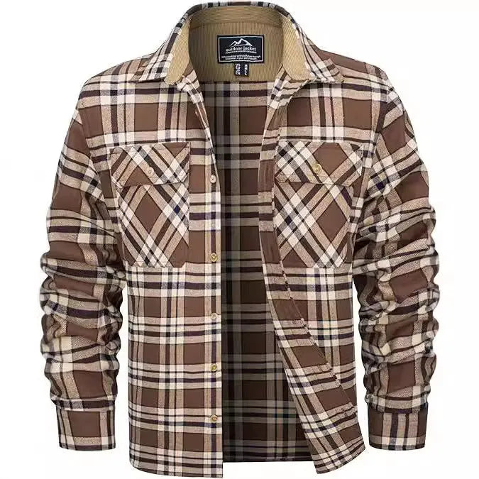 Men's plaid flannel button shirt in cardigan style showing colour options