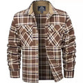 Men's plaid flannel button shirt in cardigan style showing colour options
