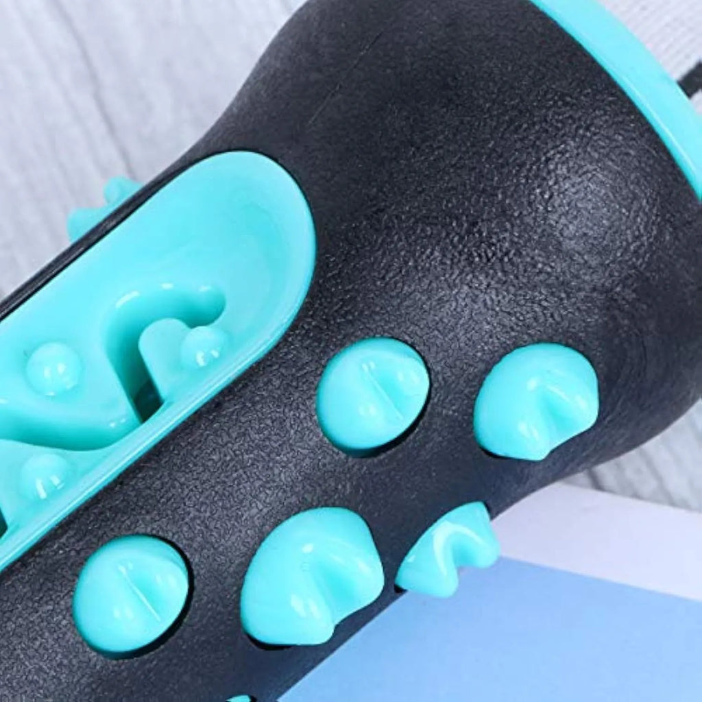 Natural rubber dog toothbrush chew toy in blue colour, showing textured surface for cleaning teeth.