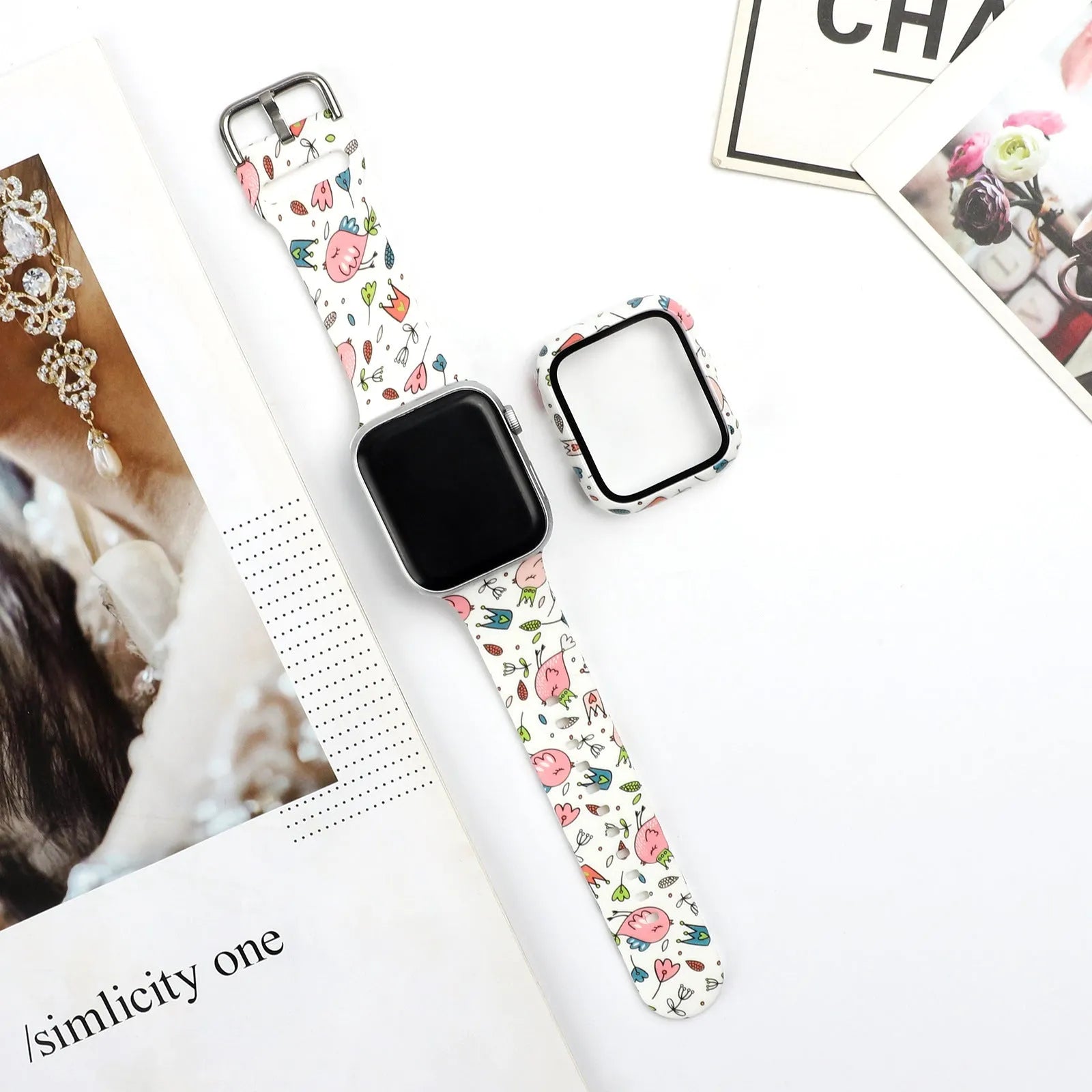 Printed silicone Apple Watch compatible strap shown in multiple design styles for 38mm 40mm 42mm 44mm cases.