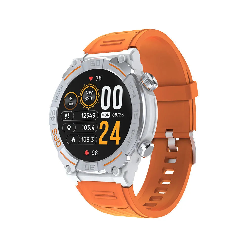 MG02 smart watch in black, khaki, or silver orange with TFT touch screen displaying health metrics